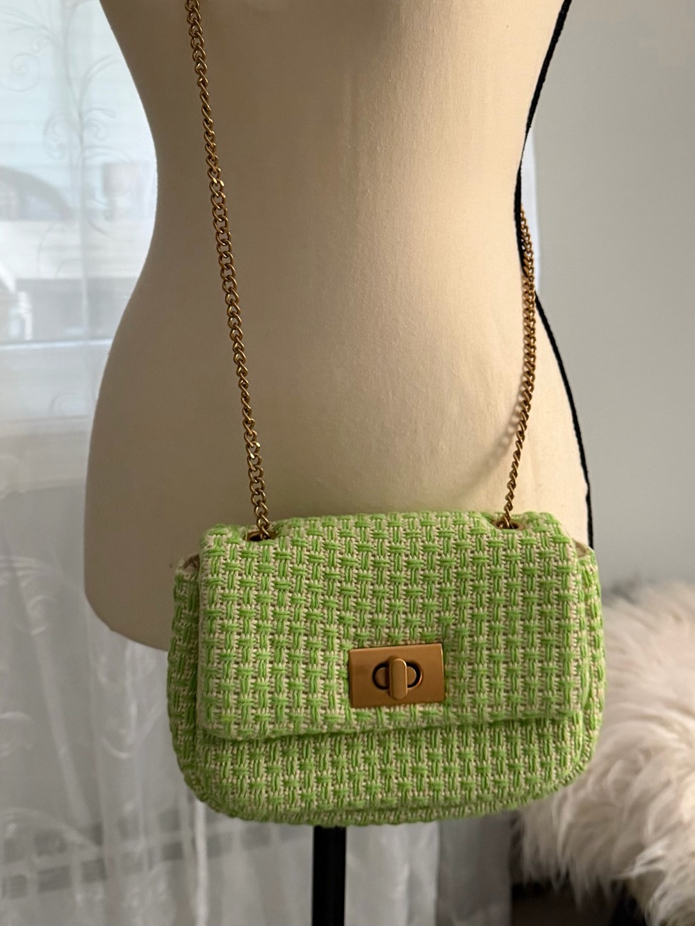 NWT- H&M Lime Green Tweed Crossbody Bag with Gold Chain